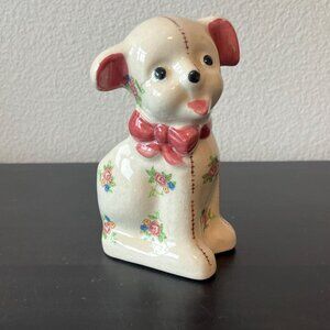 Vintage Ceramic Dog Planter // Made in Occupied Japan // Floral Design Pink Bow